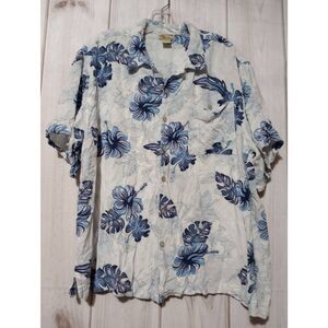 Islanders Shirt Men's Extra Large White Blue Floral Button Front Short Sleeve Ha